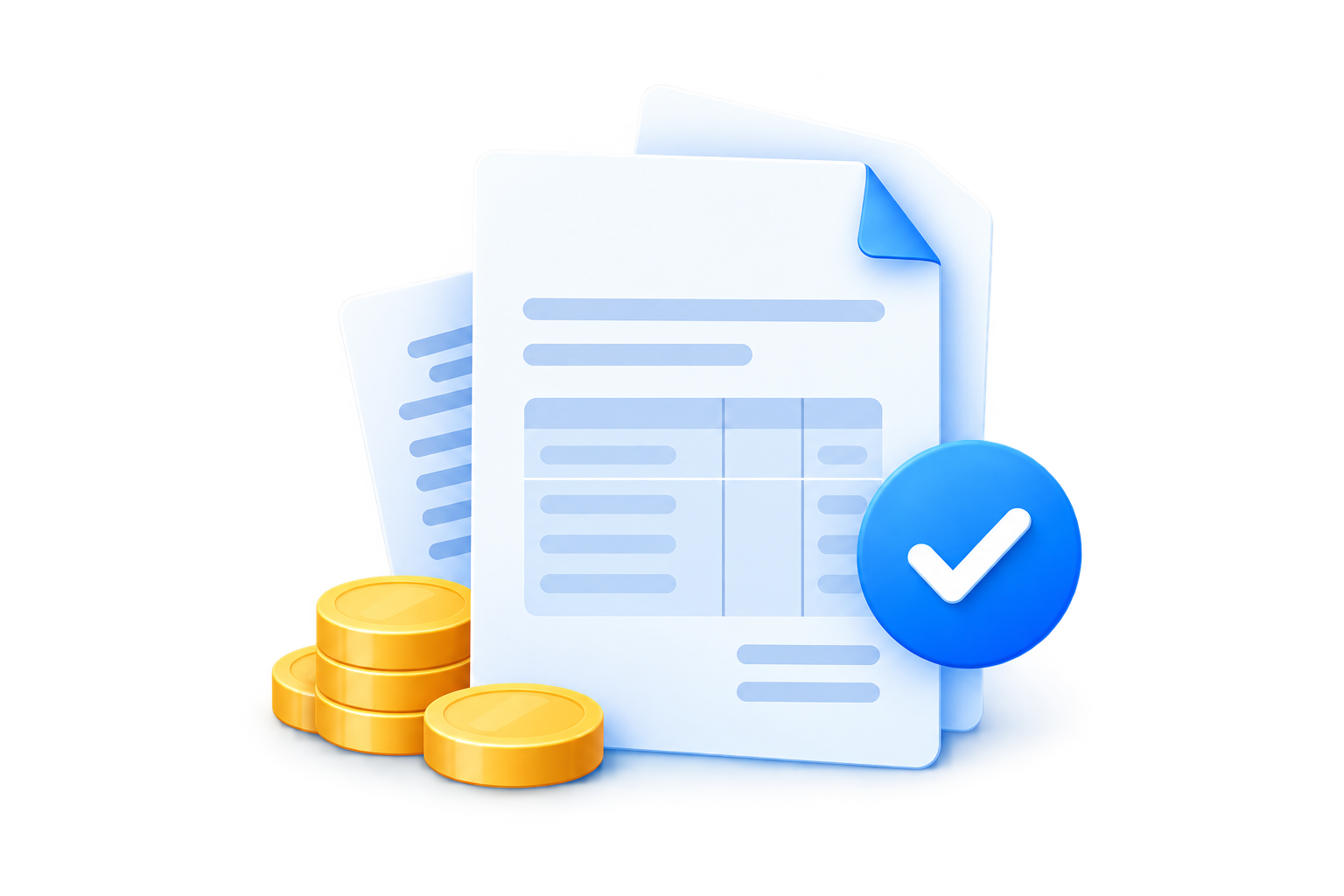 Ilustrasi invoice, tanda verifikasi, dan koin